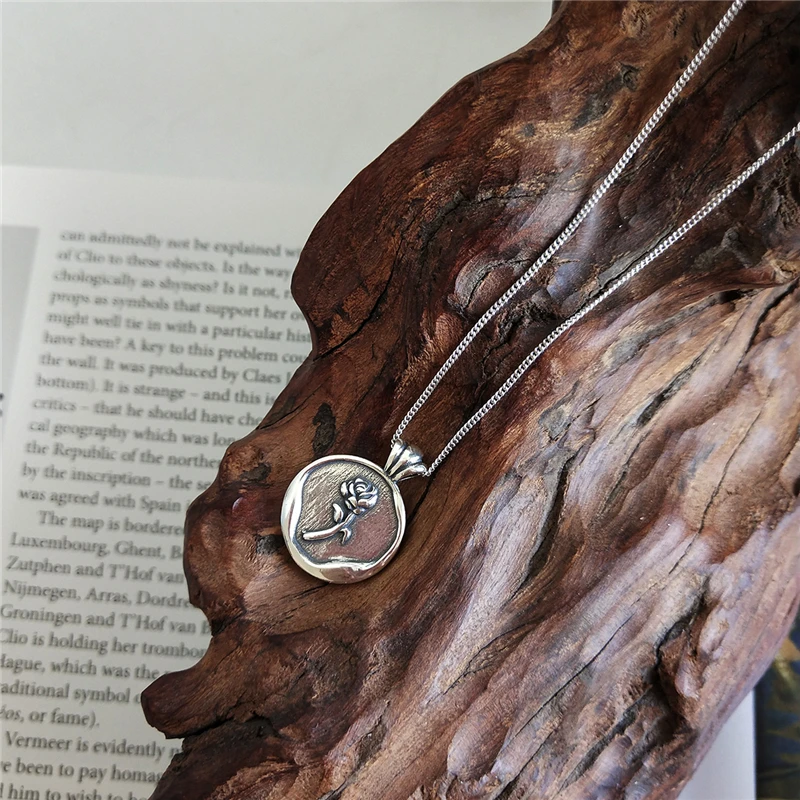 925 пробы Серебряное винтажное круглое ожерелье с подвеской в виде цветка розы серебряное креативное ожерелье для женщин праздничные украшения подарок