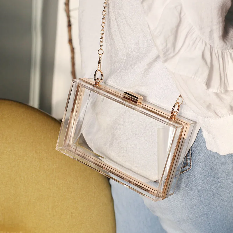 2019 New Women Cute Clear Acrylic Box Bag Crossbody Purse Evening Bag with Golden Chain Strap ...