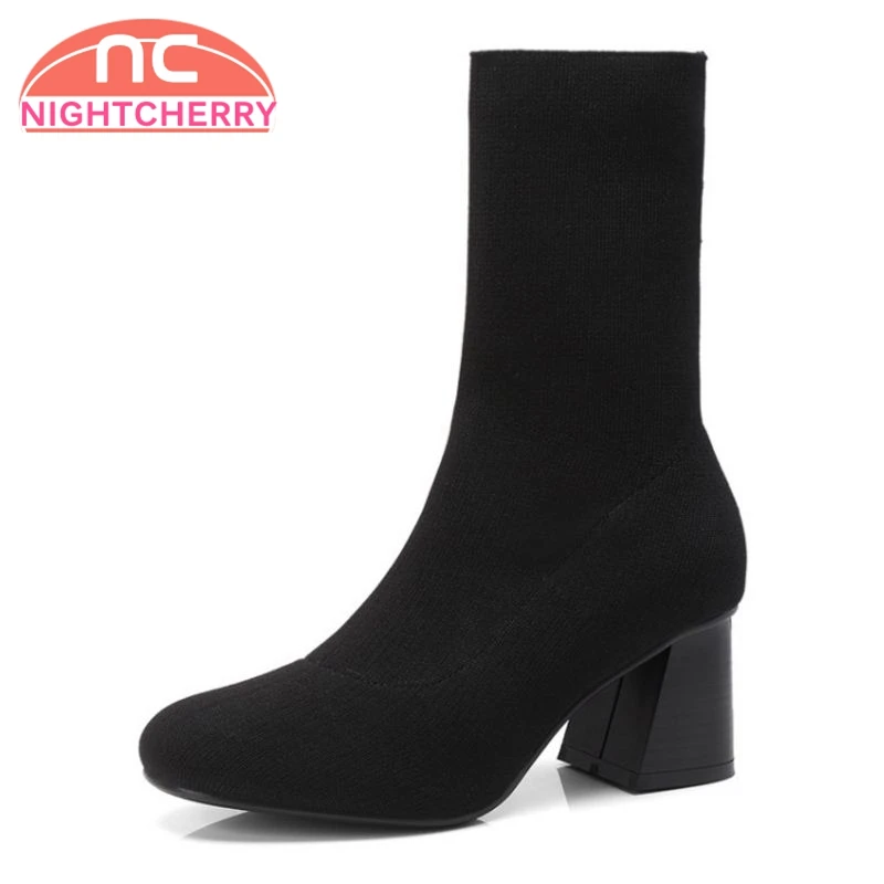 

NIGHTCHERRY Women Half Short Boots High Heel Weaving Shoes Women Spike Heels Elastic Ladies Botas Brief Footwear Size 33-40