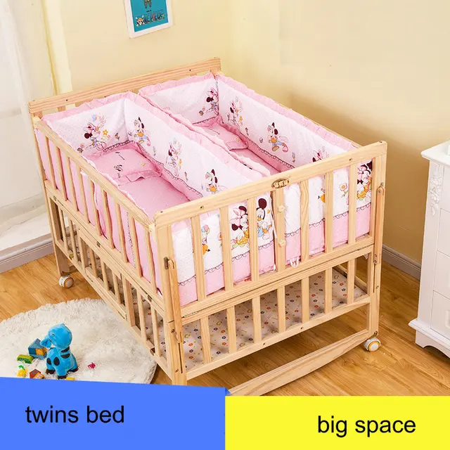 baby twins bed with mosquito net, 114cm length twins cot with wheels