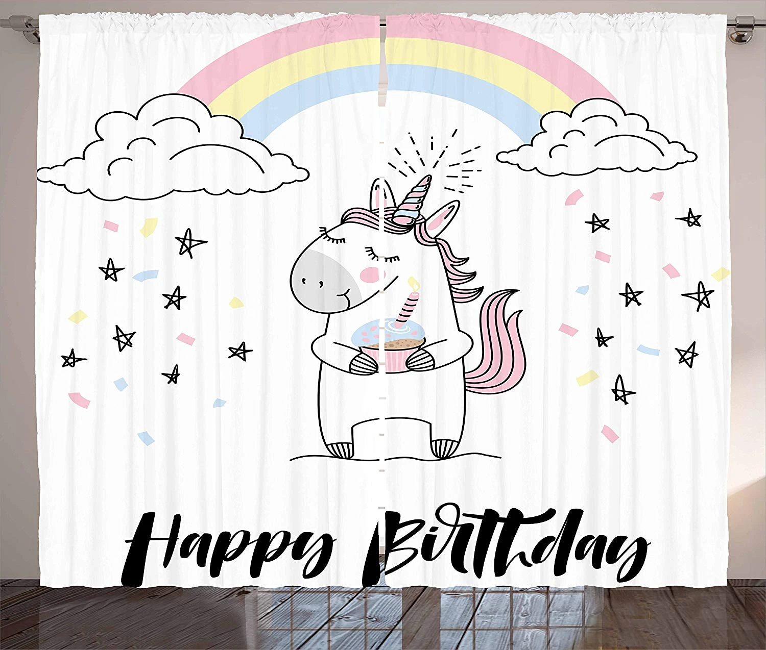 Unicorn Party Kitchen Curtains Hand Lettering Cheerful Birthday Celebration With Sketch Stars And Confetti Window Decor Curtains Aliexpress
