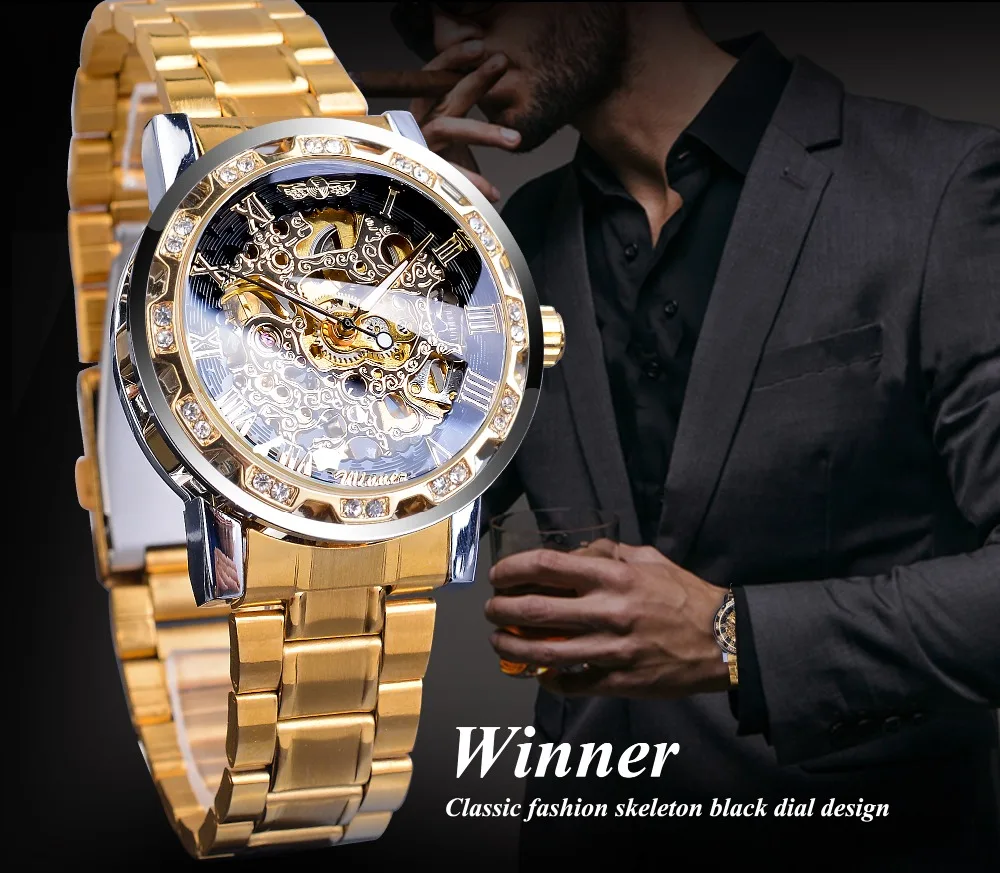 Winner Golden Watches Classic Rhinestone Clock Roman Analog Male Skeleton Clocks Automatic Mechanical Stainless Steel Band Watch