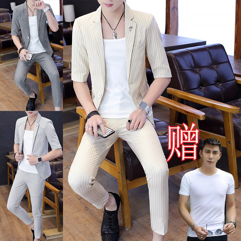 

customSummer new men's half-sleeved + nine-point pants suit set young man handsome skinny thin smal