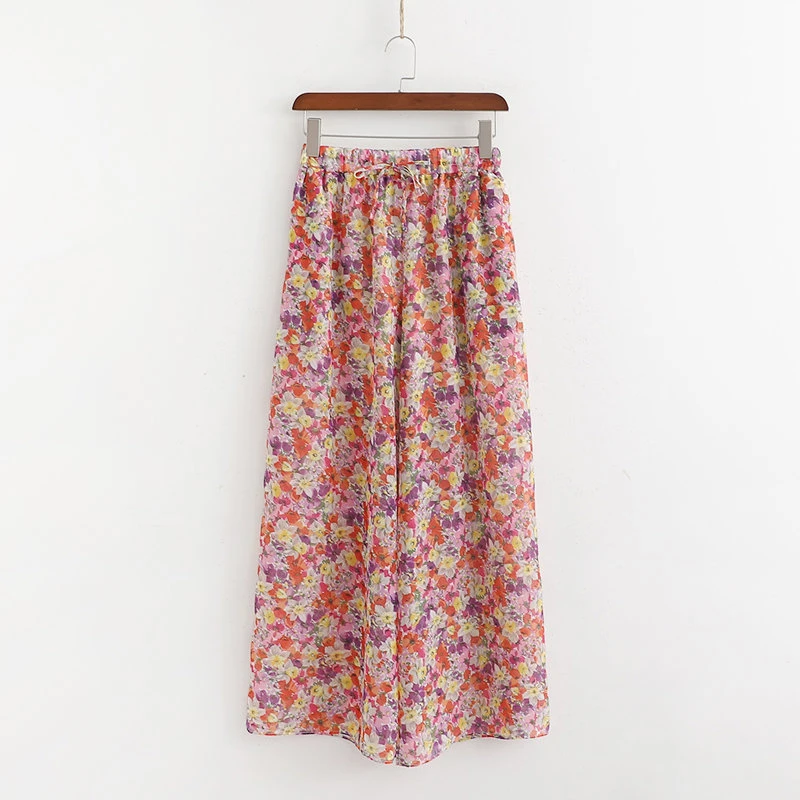 

2019 Women Floral Print Loose Long Za Pants Summer Female Bohemian Chiffon High Waist Trousers For Sweet Lady spodnie damskie