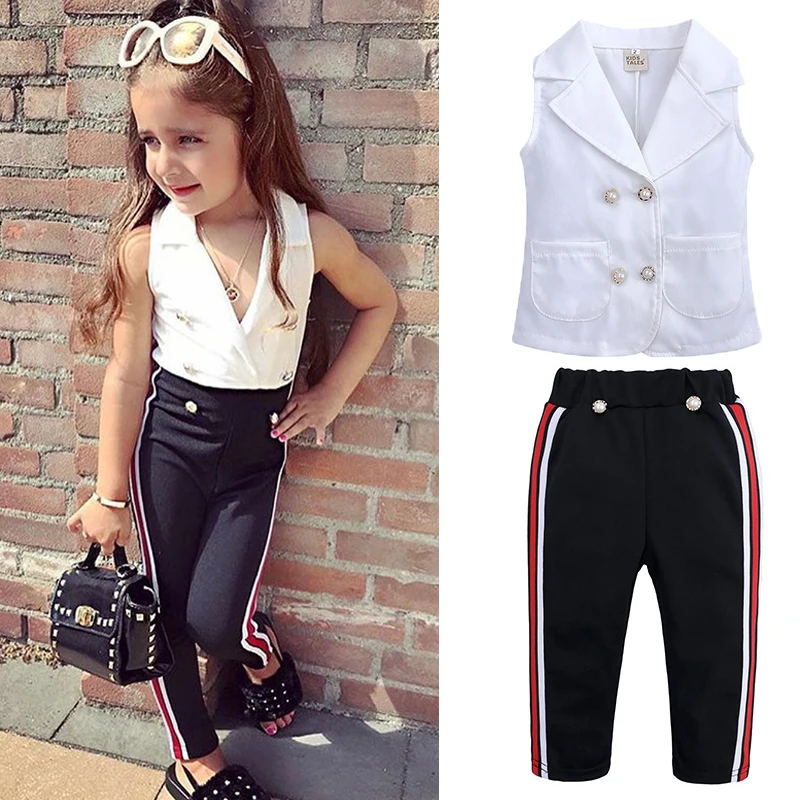 

Toddler Girl Clothes 2019 Summer Girls Clothes Sets Europe and America Style Costume Kids Outfits Suits Overalls Vest+Pants 2Pcs