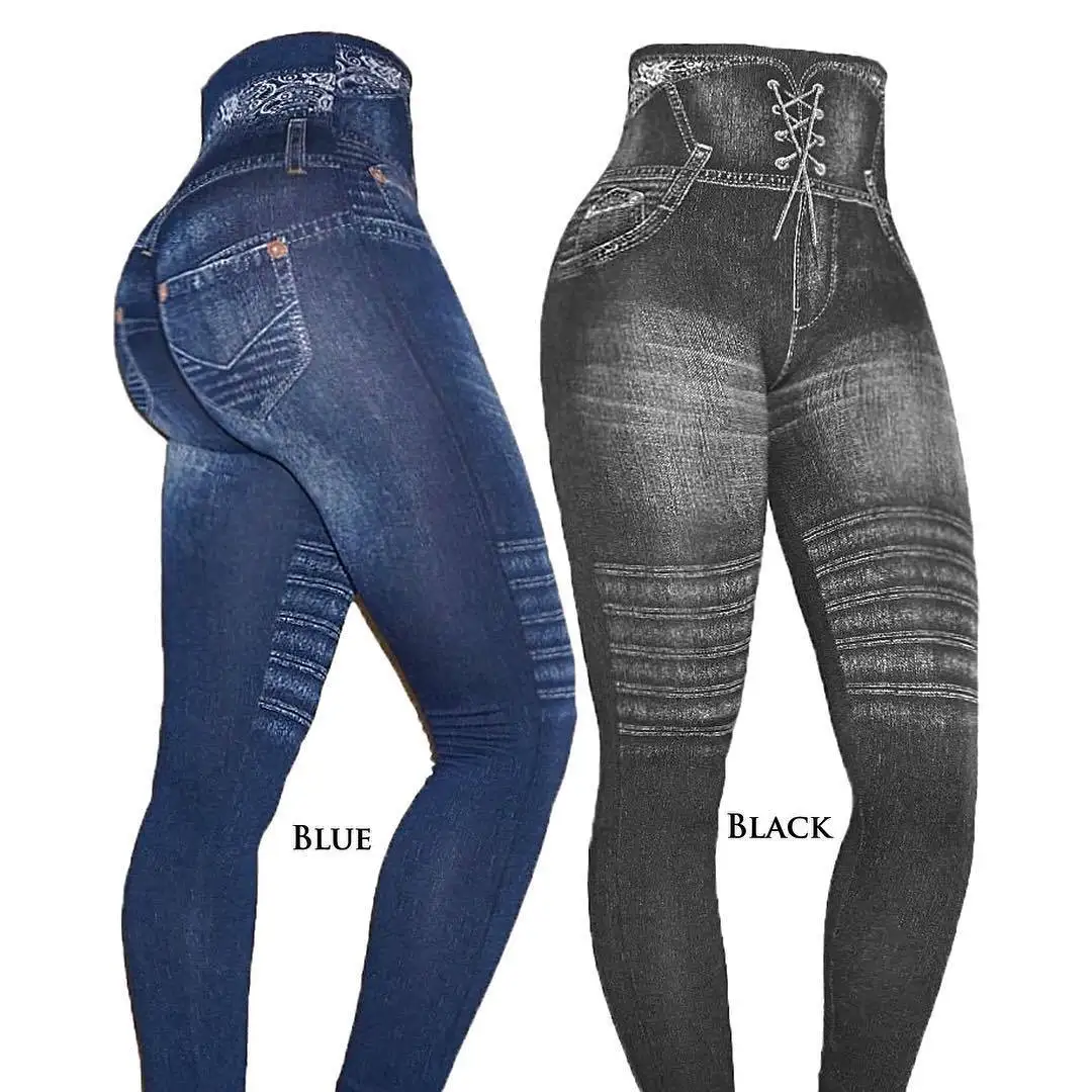 

2019 Spring New Boutique Fashion Casual Women's High Imitation Denim Slim Simple Stretch Leggings Elegant Temperament