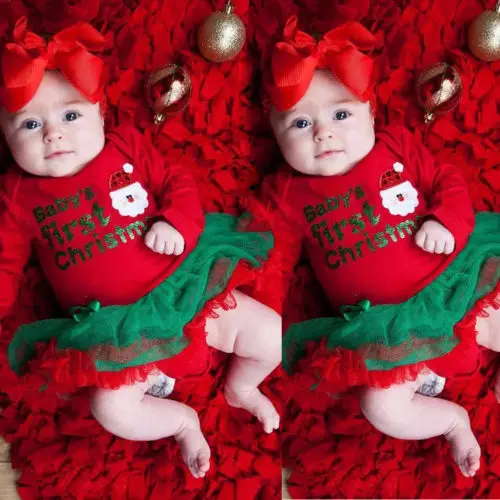 

My First Christmas Red Dress Baby Girls Princess Romper Long Sleeve Tutu Dress Xmas Infant Toddler Party Santa Dress Outfits