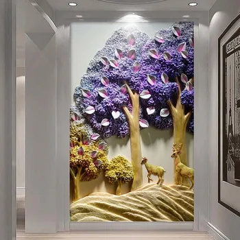 

Custom 3D Wallpaper Stereoscopic Embossed Non-woven Tree Elk Deer Entrance Corridor Background Wall Paper Papier Peint Mural 3D