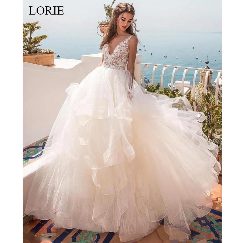

LORIE 2019 New Ball Gown Wedding Dressed Sleeveless V neck Bride dress Summer Open Back vestido de noiva White Ivory Dresses
