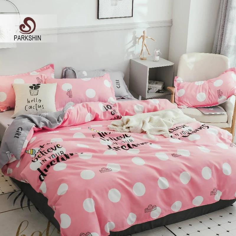 

ParkShin Cartoon Dot Pink Bedding Set Soft Duvet Cover Bed Sheet Bed Linen Pillowcase Single Double Queen King Size For Girl