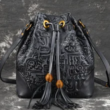 Высокое качество, натуральная кожа, сумка через плечо, сумка с тиснением, Ретро стиль, для женщин, натуральная кожа, на плечо, с кисточкой, сумка-мешок