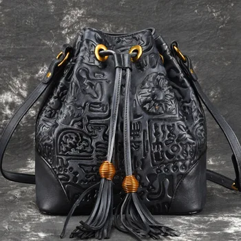 

High Quality Genuine Leather Cross Body Messenger Bags Handbag Embossed Retro Women Natural Skin Shoulder Tassel Tote Bucket Bag