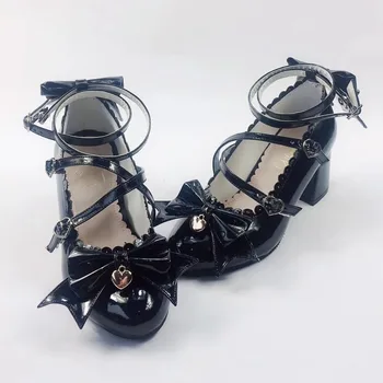 

Sweet Bows Cross Straps Bright Black Lolita Heels Shoes Square Heels Pumps Custom Tailor Available