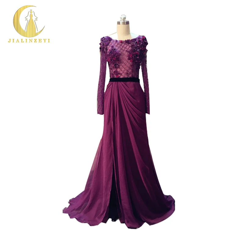 

Rhine Real Sample Image Long Sleeves Dark Purple Beads and Hand Flowers Chiffon See Through A-line Evening dresses
