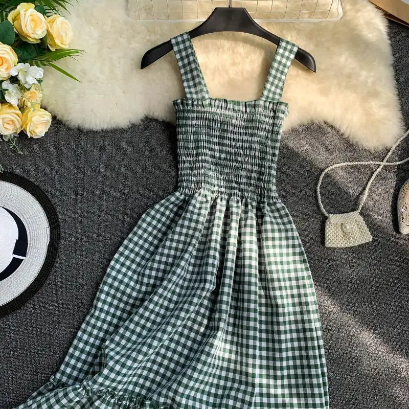 Slim Ladies Ruffles Vintage Plaid Print 2020 Sexy Summer Midi Dress Party Spaghetti Strap Women Casual Beach Elegant Vestidos