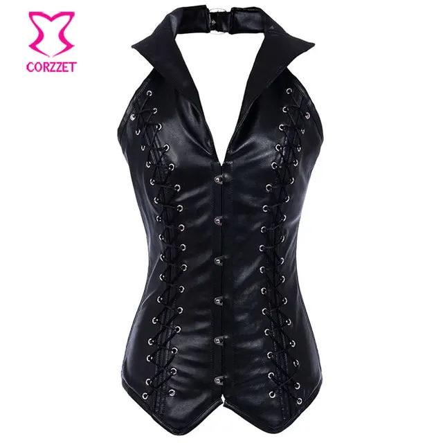 halter sexy black leather corset bustier steampunk gothique steel plus size steel boned corsets
