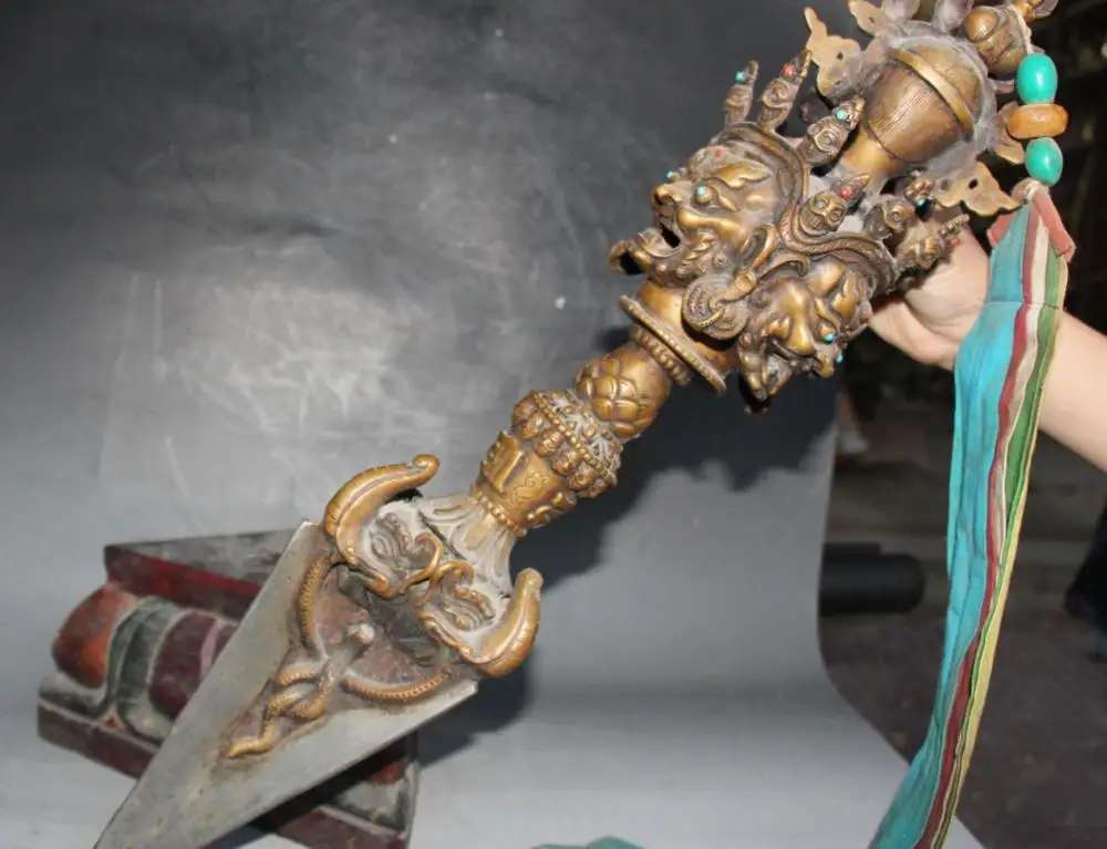 

24" Old Pure Bronze Inlay Gem Dragon Mahakala Buddha Phurpa Vajra Dagger Fa Qi