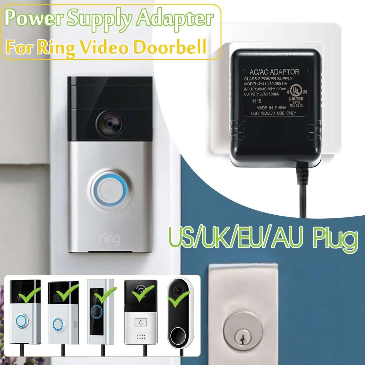 

US/UK/EU/AU 8M Wifi Doorbell Camera Power Adapter for IP Video Intercom Ring Wireless Doorbell 110V-240V AC 18V Transformer