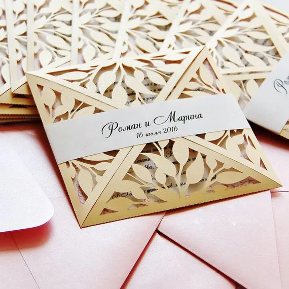  CA0688 Pearlised God Laser Cutting Wedding Invitations with Belly Bands - 32916653220