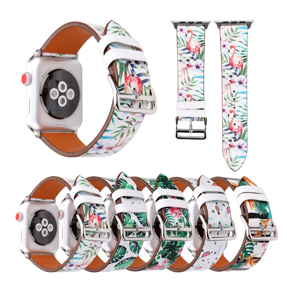

Leather Strap For Apple Watch band 4 44mm 40mm Flower printed pattern Bracelet band for iWatch series 3 2 1 42/38mm accessories