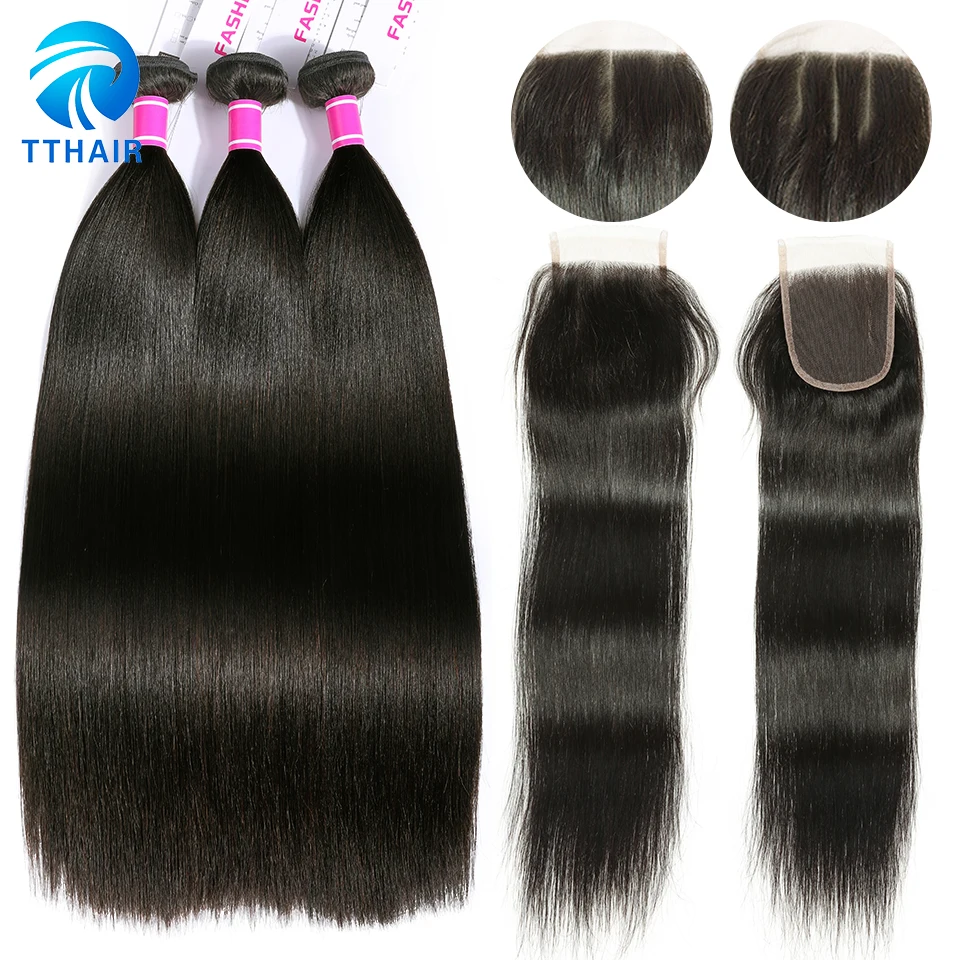 TTHAIR перуанский прямые волосы 3 Связки с кружевом Закрытие естественный Цвет не Реми 8-28 дюймов человеческих волос Ткань связки с закрытием
