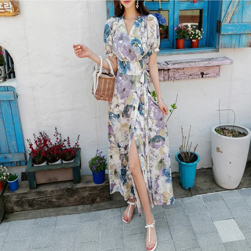 

Ladies New Summer Fashion Sexy Dress Women Elegant V-Neck Printed Split Dress Slim Hips Dress