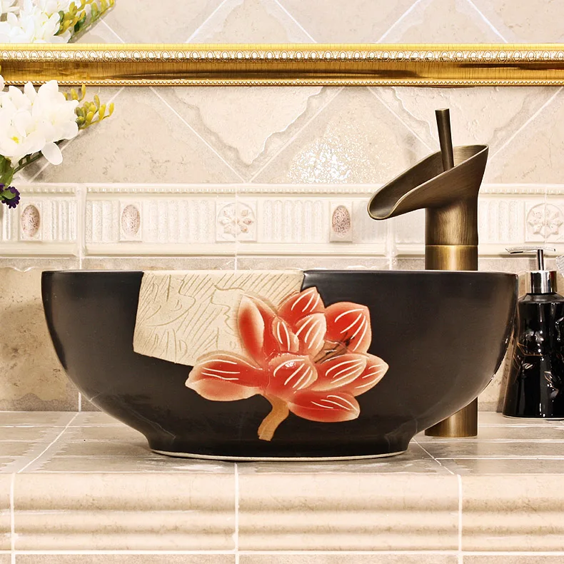 Europe style luxury bathroom vanities chinese Jingdezhen Art Counter Top ceramic indoor wash basin (3)
