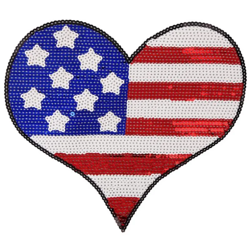 

Biker patch 253mm Heart American flag suquins Diy women Embroidery iron on patches for clothing applique Stickers Free Shipping