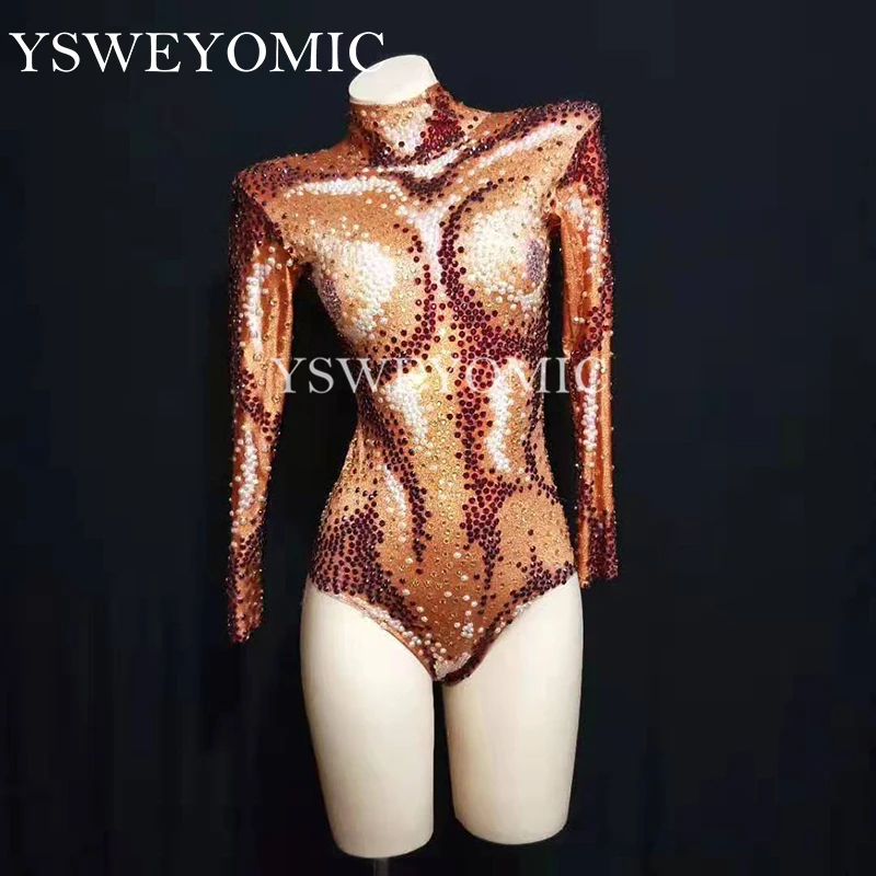 

Sparkly AB Beads Orange Bodysuit Sexy Big Stretch Outfit Nightclub Shining Rhinestones DS Costume Female Singer Dance Leotard