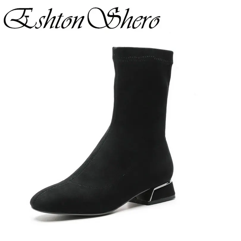 

EshtonShero Winter Concise Women Sock Boots Shoes Woman Square Low Heel Round Toe Ankle Boots Ladies Motorcycle Boot Size 3-9