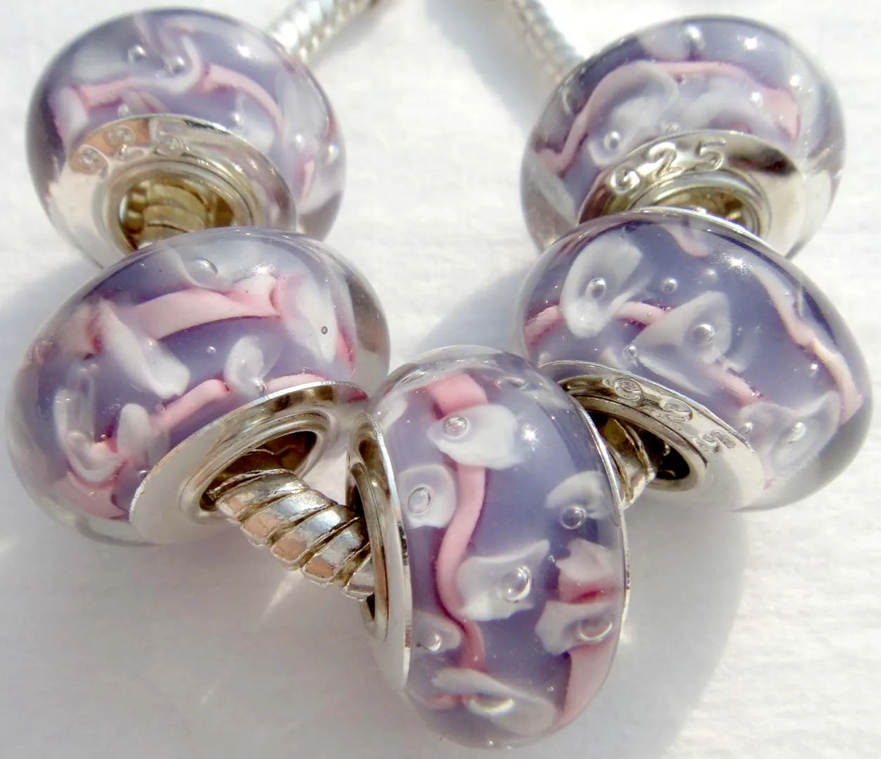 Set of 5 pieces Single 925 Silver Core Murano Glass Beads Fit European