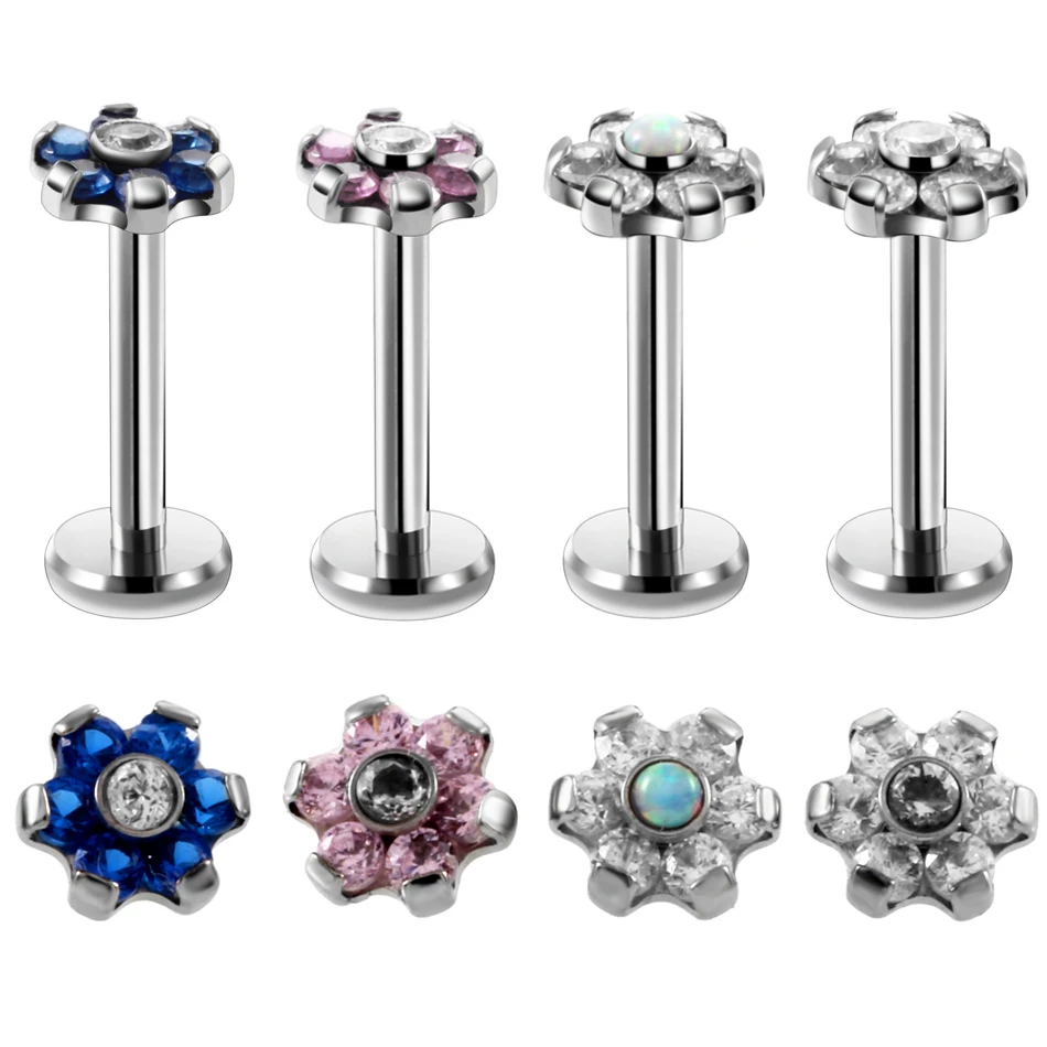 

1PC Steel Opal Flower Lip Piercing Tragus Earring Piercing Crystal Flower Helix Piercing Labret Lip Stud Rings Body Jewelry 16G
