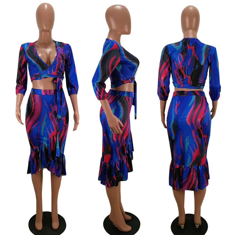 Многоцветное Платье с принтом, из двух частей, с рукавом, женское платье с v-образным вырезом, длиной до колена, облегающее платье, асимметричное, с оборками, сексуальные платья для вечеринок