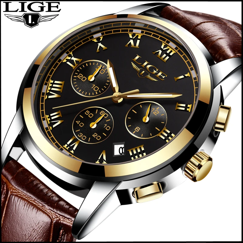 

LIGE New Men sports Watches Male Fashion Business quartz-watch Men Leather Waterproof Clock Man Auto Date Multifunction Watches