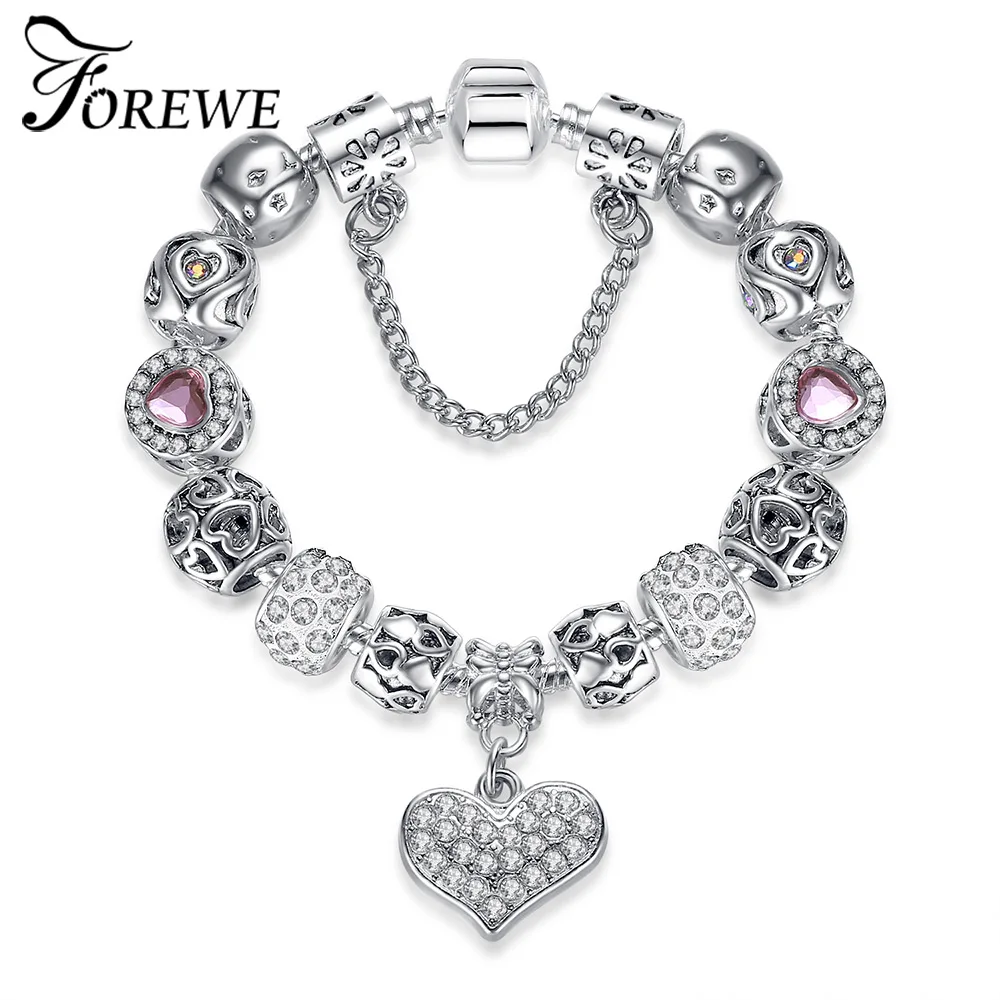 

FOREWE Silver Color Crystal Heart Charm Bracelet with Safty Chain Flowers CZ Bead for DIY Jewelry Women Bracelets Gifts