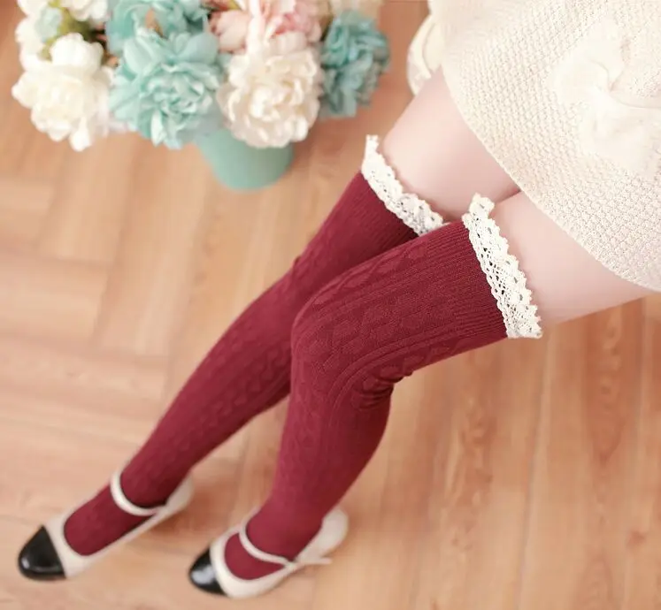 Japanese Lace Ruffles Slim Thigh High Socks Girl Preppy Hemp Flowers Vertical Bar Pure Cotton Stocking Knee-high Fashion Socks 9