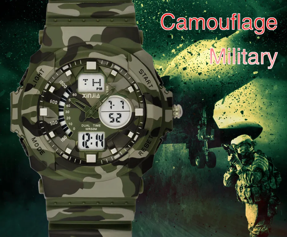 Новинка года синьцзя в стиле милитари спортивные часы Солдатский камуфляж светодио дный цифровой для мужские Открытый ударопрочные Водонепроницаемый 50 м дайвер