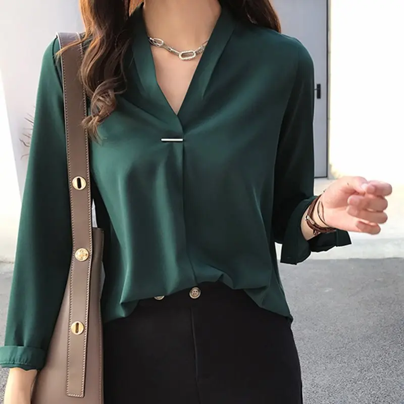

Women Blouses Casual Elegant Chiffon Office Lady Korean Style Green Loose Plain Fall Female Fashion Vintage White Solid Shirts