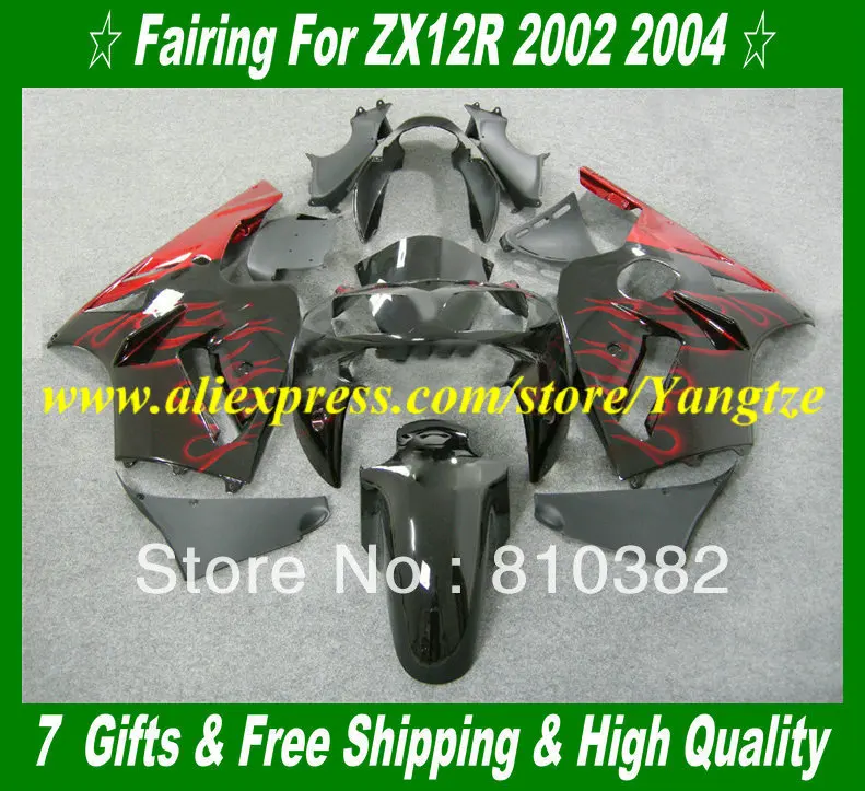 

Injection mold Fairings set for KAWASAKI Ninja ZX12R 02 03 04 05 ZX 12R 2002 2004 2005 ZX-12R Red flames black Fairings set KH26