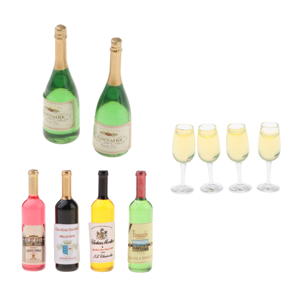 SPMART 1:12 Sacle Dollhouse Miniature Wine Bottles Champagne Bottles and Clear Glasses Model Party Supplies Accessories