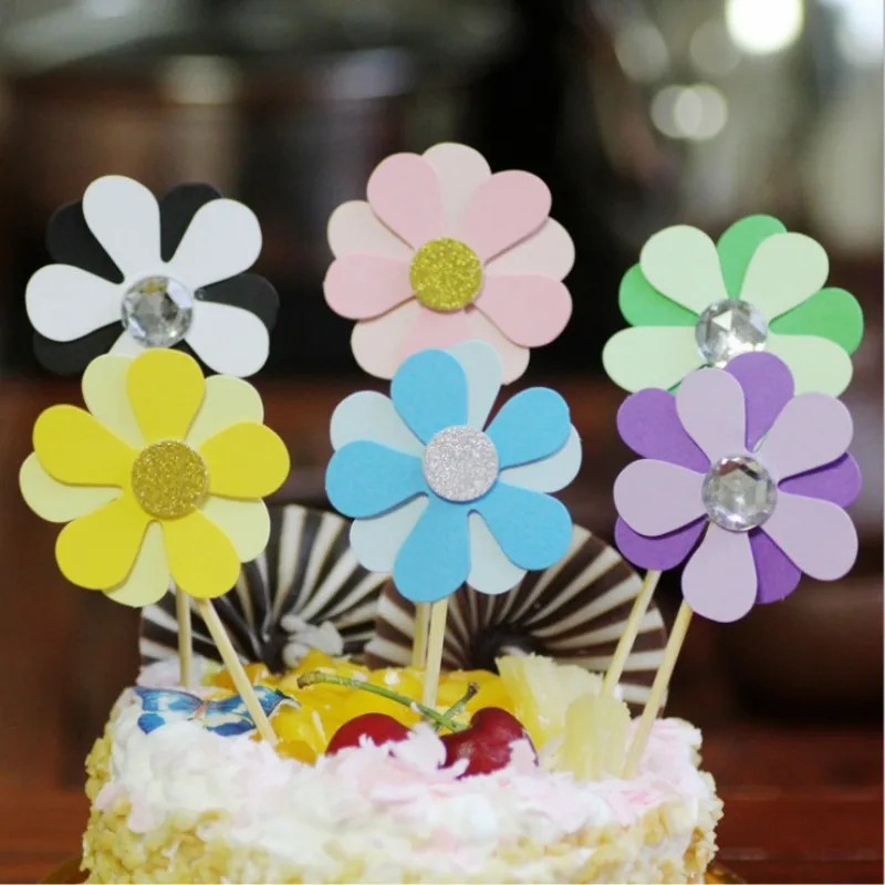 

New Arrival 6pcs/set Flower Paperboard Kids Happy Birthday Cake Topper Cake Flags Sticker Decor Banner Card Baking DIY Accessory