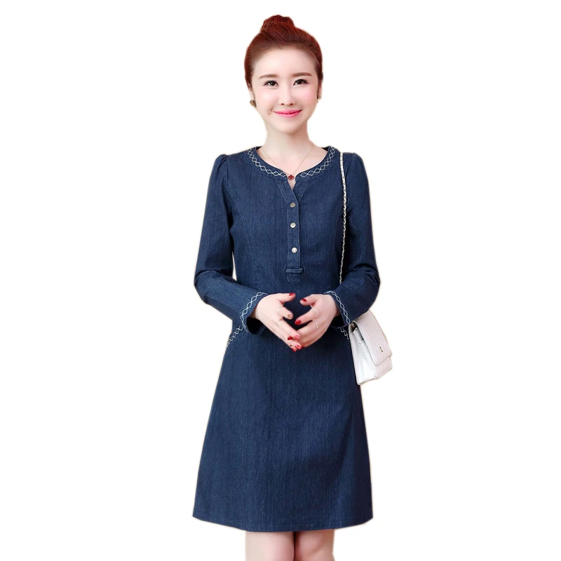 

Plus Size 5xl Summer Style Denim Dresses Women O-neck Long Sleeve Slim Jeans Dress With Pockets Vestidos Women Clothing