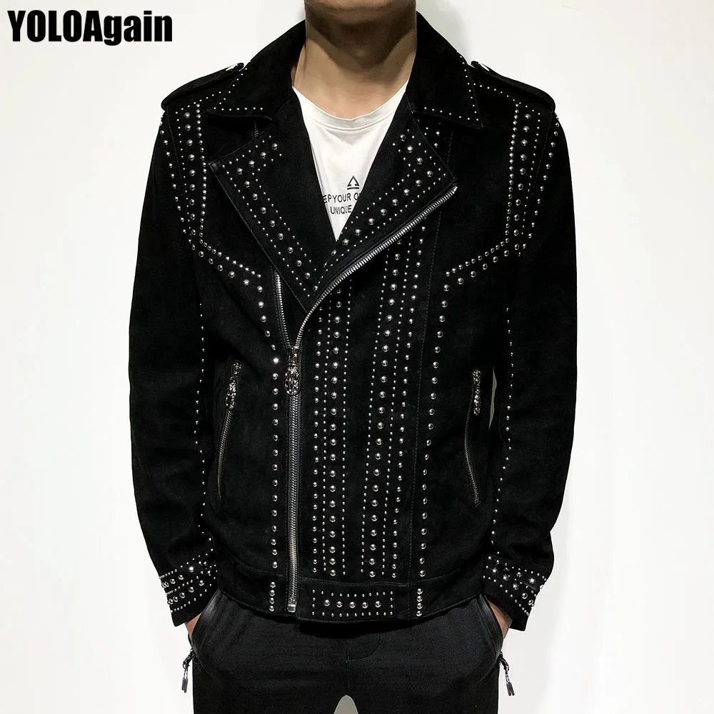 

YOLOAgain Men's sheep leather jacket Male long sleeve zipper rivet black real leather jacket