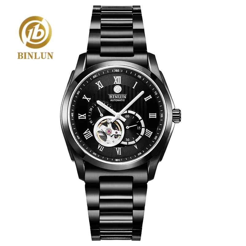 

BINLUN Men's Automatic Mechanical Watch Top Brand Waterproof Scratchproof Military Watch Black Skeleton Mechanical Men's Watches