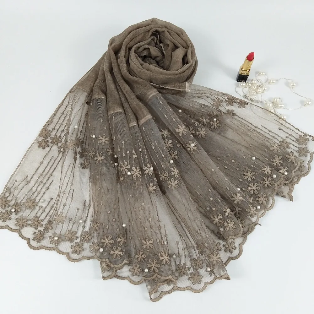 M8 дамы морщин цветочный lacescarves хлопок шарф, украшенный бисером мусульманский Хиджаб wrap глушитель жемчуг шарфы/шарф 190*90 см 10 шт./лот