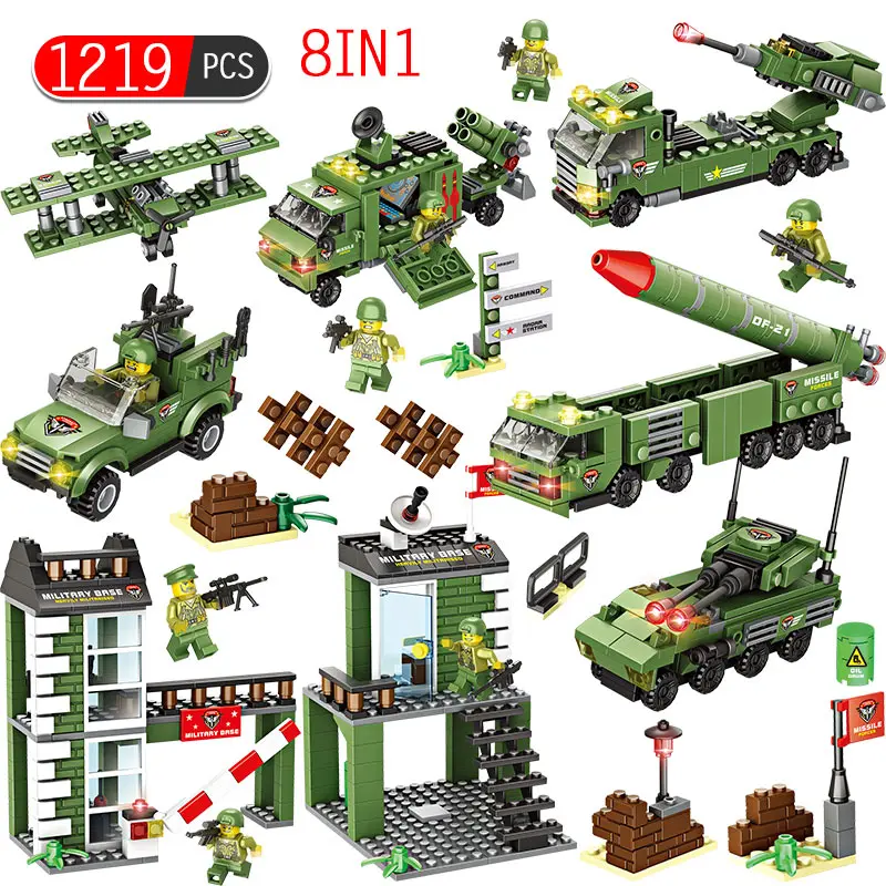 8 In 1 Military Building Blocks Legoed WW2 SWAT City Police Soldier Figure Base Missile Vehicle Helicopter Bricks Toys for Boys