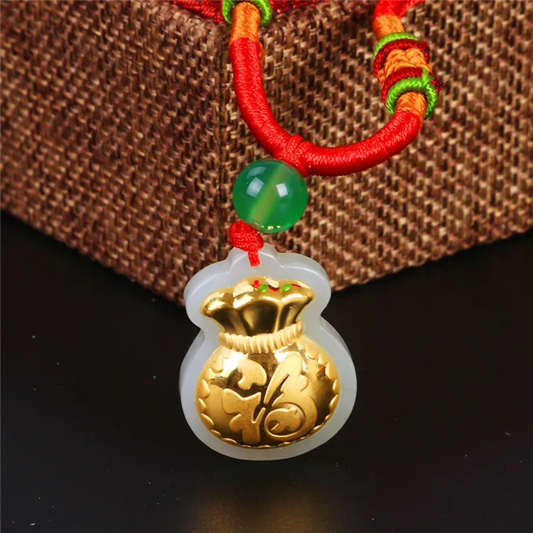 

Natural White HeTian Yu 100% Pure Solid 18 K Gold inlaid Lucky Money Bag Blessing Pendant + Necklace + Certificate Fine Jewelry