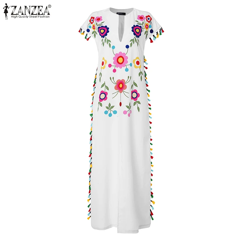 ZANZEA Plus Size Bohemian Floral Printed Sundress Women Summer Short Sleeve Split Hem Long Vestido Robe Casual Tassels Dress