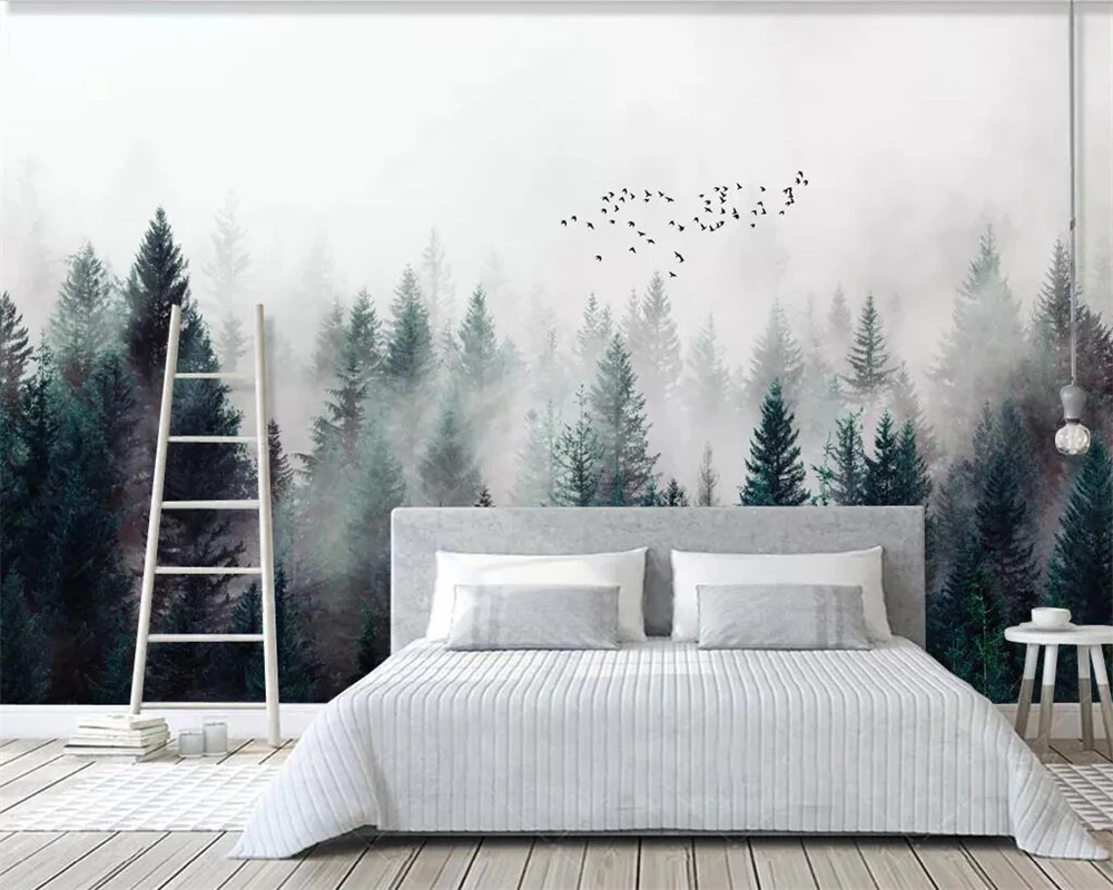 Beibehang Custom wallpaper Modern Fresh Fog Forest Clouds Flying Bird Nordic TV backdrop 3d Living room Bedroom 3d wallpaper