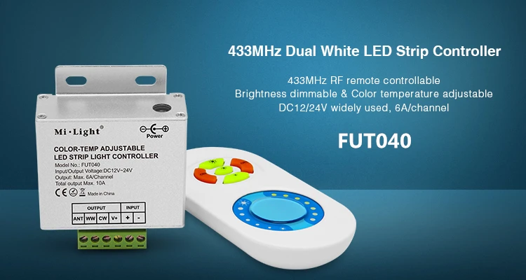 

MiLight FUT040 FUT041 FUT042 DC12-24V 433MHz CCT DIM RGB LED Strip Controller with RF Remote Max10A for 5050 3528 2835 LED Strip